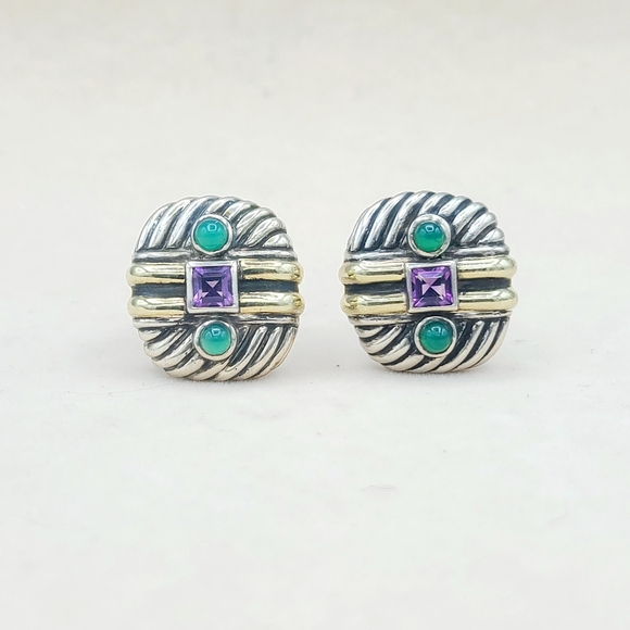 David Yurman Renaissance Earrings With Amethyst Green Onyx and Gold - Picture 1 of 8